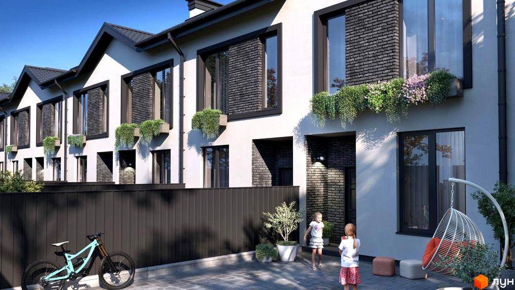 Таунхаус Т-37 – це двоповерхова новобудова з цегляним фасадом та великими вікнами. Прибудинкова територія облаштована зоною відпочинку з підвісним кріслом та дитячим майданчиком.