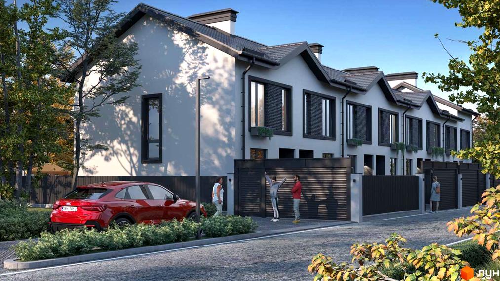 Таунхаус Т-37: сучасна архітектура з великими вікнами та індивідуальними гаражними воротами. Територія комплексу з доглянутими кущами та дорогою.