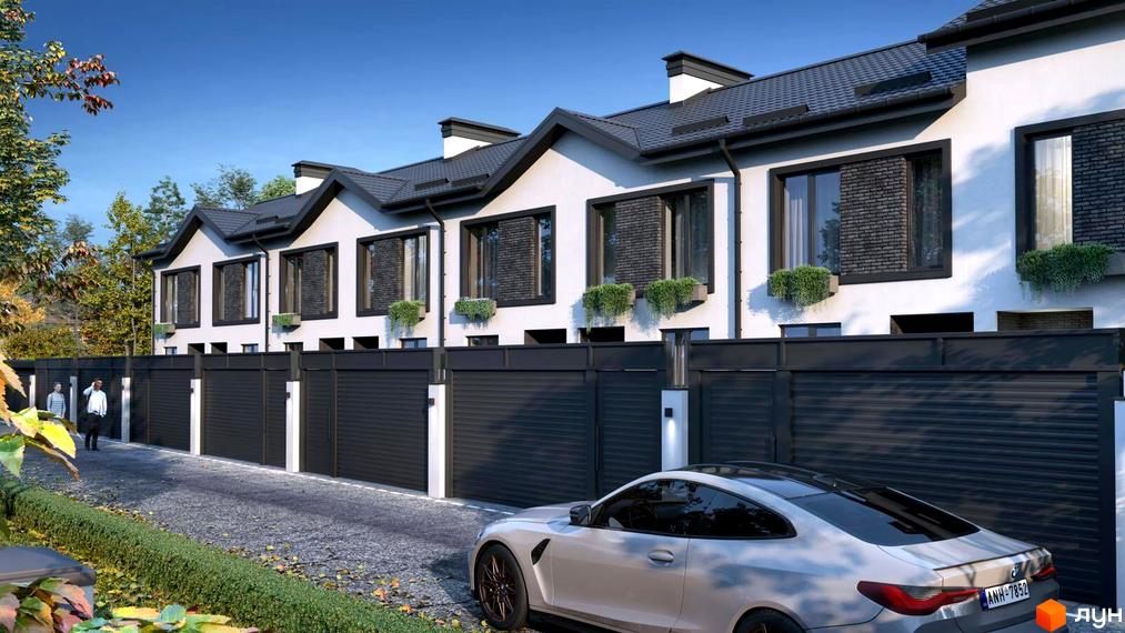 Таунхаус Т-37 - фасади будівель з темним дахом та великими вікнами, огороджена територія з воротами та дорогою.
