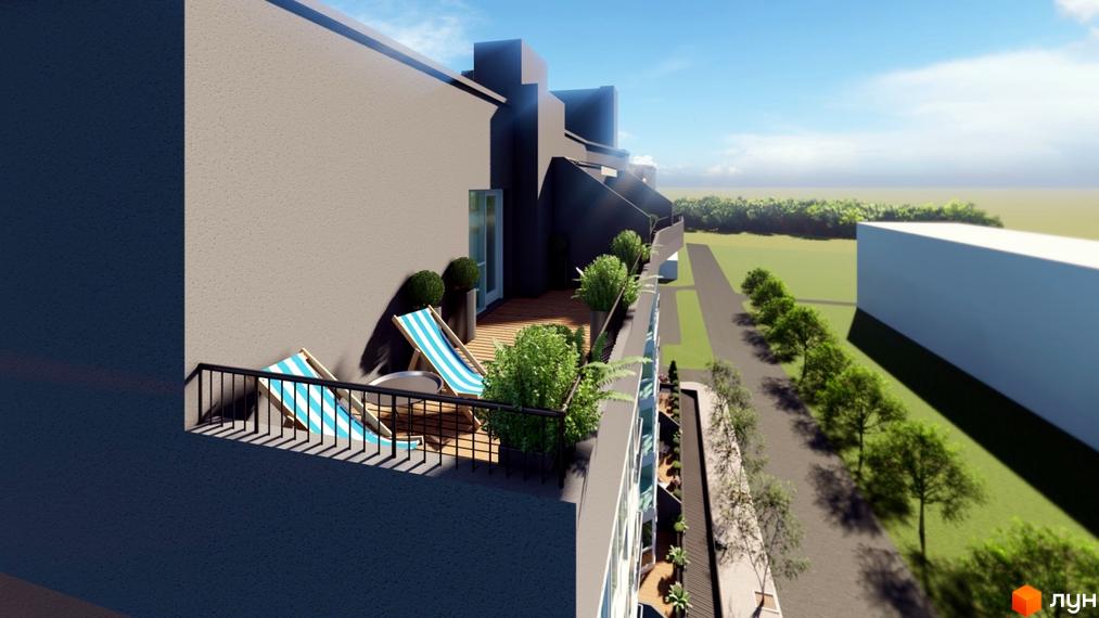 Житловий комплекс Вікторія Парк з терасою та зеленими насадженнями. Сучасний будинок з балконами та видом на зелену зону.