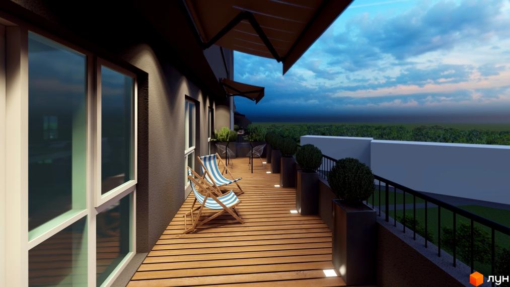 Житловий комплекс Вікторія Парк. Балкон з шезлонгами та видом на зелену зону на заході сонця.