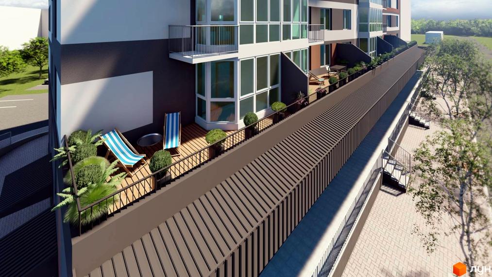 Житловий комплекс Вікторія Парк: фасади будівель з балконами та терасами, облаштовані лежаками та зеленню. Прибудинкова територія з доріжками та деревами.