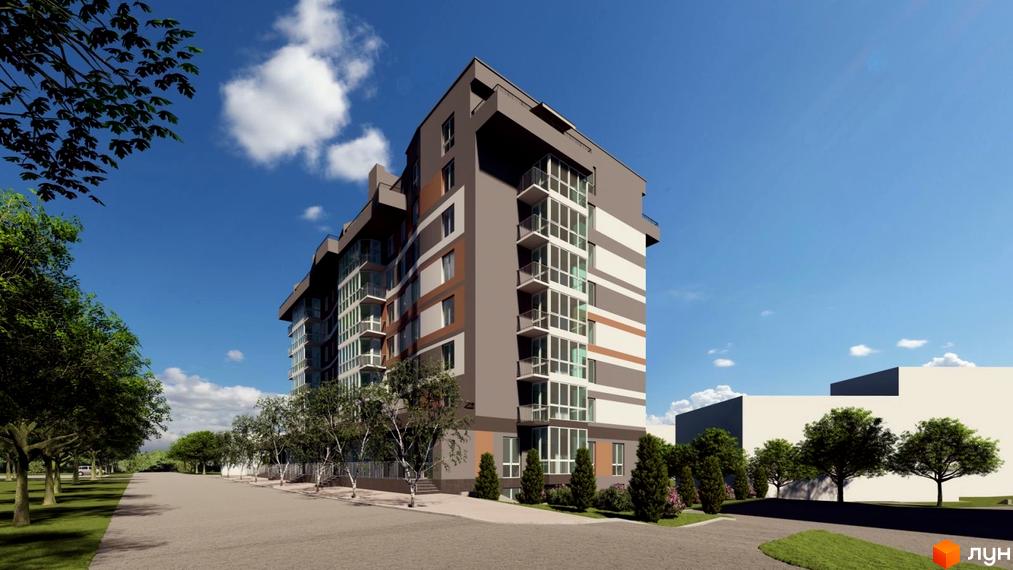 Зовнішній вигляд новобудови ЖК Вікторія Парк з багатоповерховими будинками та балконами, оточений деревами та зеленою зоною.