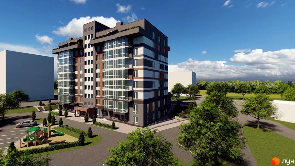 Житловий комплекс Вікторія Парк - це сучасна новобудова з великою кількістю скляних поверхонь та балконів, розташована біля дитячого майданчика та паркування.