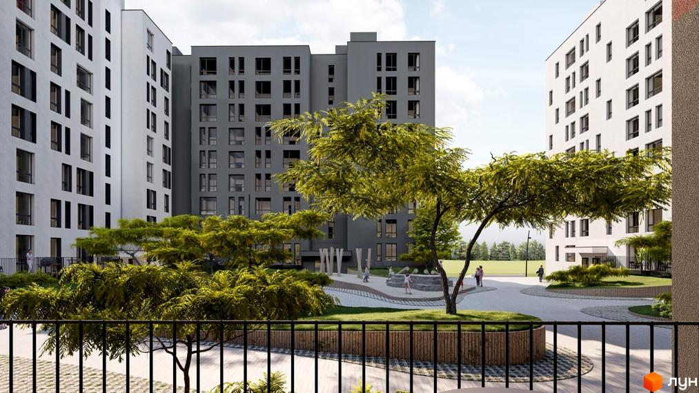 Житловий комплекс Паркове містечко (7 черга) - це сучасна новобудова з сірими та білими фасадами, що оточена доглянутою прибудинковою територією з деревами та зонами відпочинку.