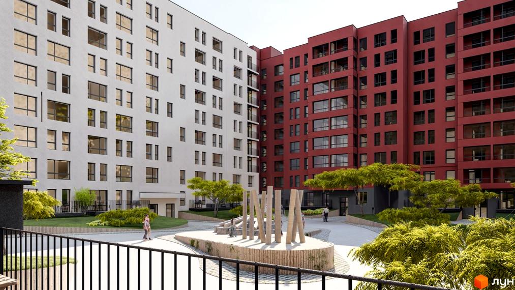 Житловий комплекс Паркове містечко (7 черга) з білими та червоними фасадами, вікнами та балконами, з внутрішнім двором та дитячим майданчиком.