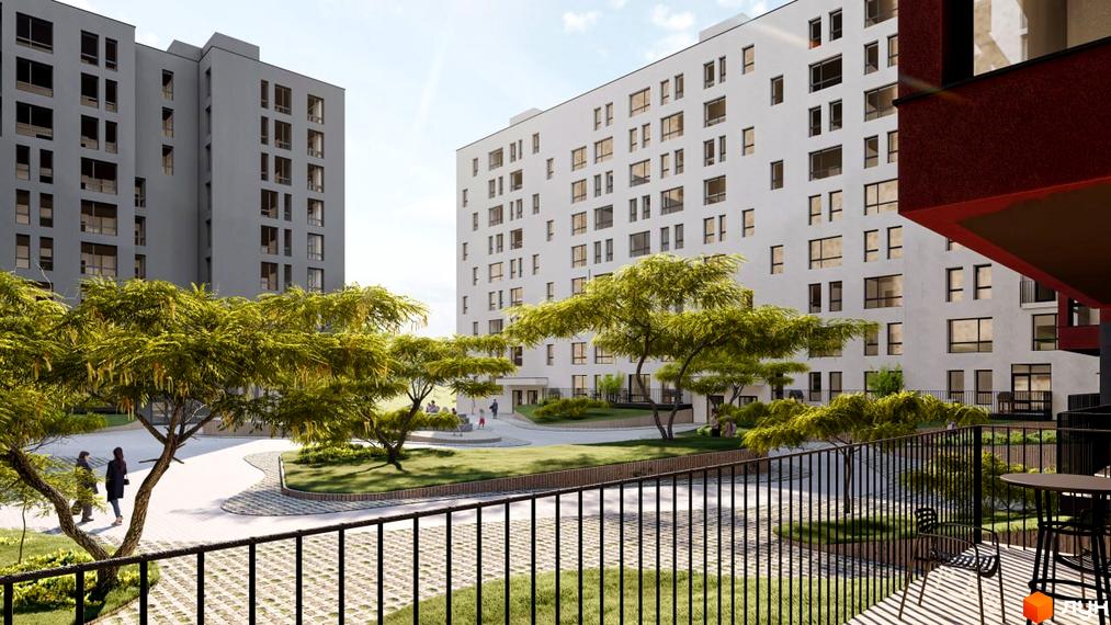 Житловий комплекс Паркове містечко (7 черга) з білими та сірими фасадами та зеленою прибудинковою територією з деревами та зонами відпочинку.