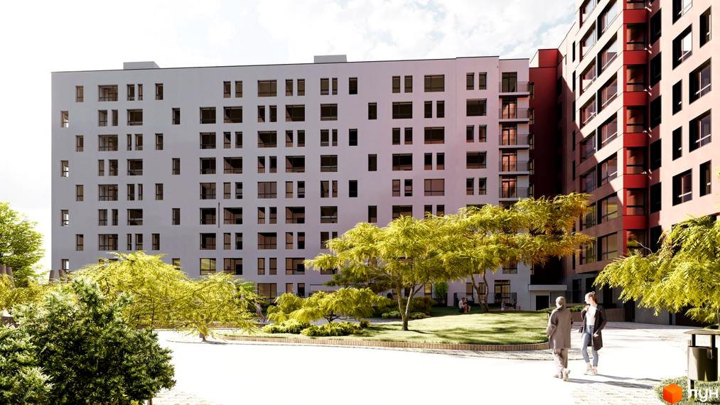 Зовнішній вигляд новобудови ЖК Паркове містечко (7 черга) з великою кількістю вікон та балконів, зелена прибудинкова територія з деревами та місцями для відпочинку.