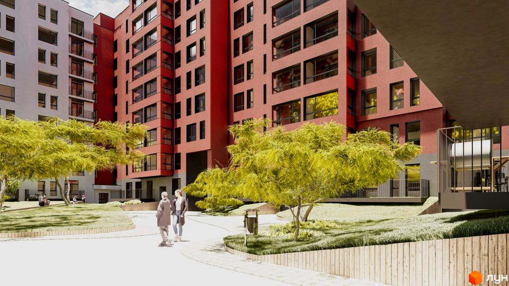 Житловий комплекс Паркове містечко (7 черга) з червоною фасадною частиною та білою секцією, зеленою прибудинковою територією та зонами відпочинку.