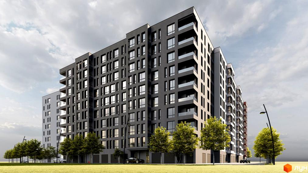 Зовнішній вигляд новобудови ЖК Паркове містечко (7 черга) з сірими фасадами та численними вікнами, зелена прибудинкова територія з деревами та автомобілями.