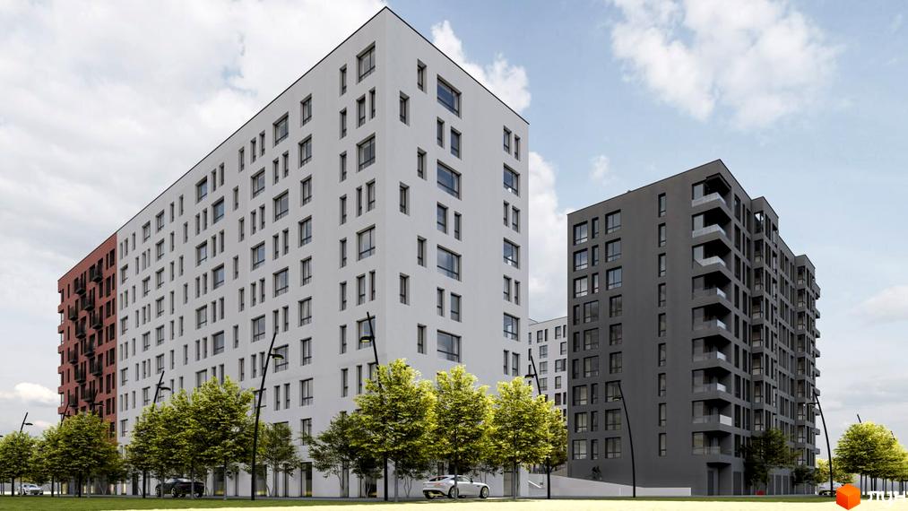 Зовнішній вигляд новобудови ЖК Паркове містечко (7 черга) з білими та сірими фасадами, вікнами та балконами, оточеної деревами та освітленням.
