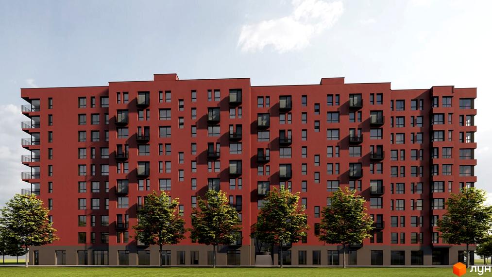 Фасад житлового комплексу Паркове містечко (7 черга) з червоними стінами, балконами та вікнами, оточений зеленими деревами та газоном.