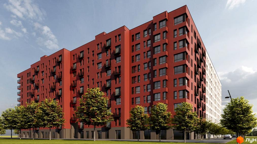 Зовнішній вигляд новобудови ЖК Паркове містечко (7 черга) з червоним фасадом та прибудинковою територією з деревами та газоном.