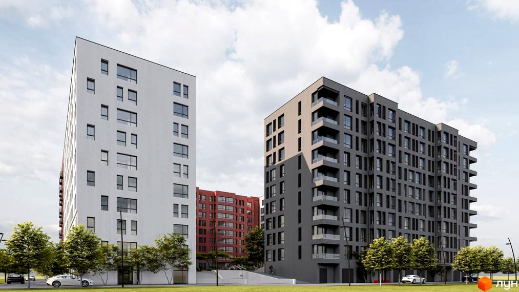 Зовнішній вигляд новобудови ЖК Паркове містечко (7 черга) з сірою та білою фасадною обробкою, балконами та великою кількістю вікон. Прибудинкова територія озеленена деревами та має доглянутий вигляд.