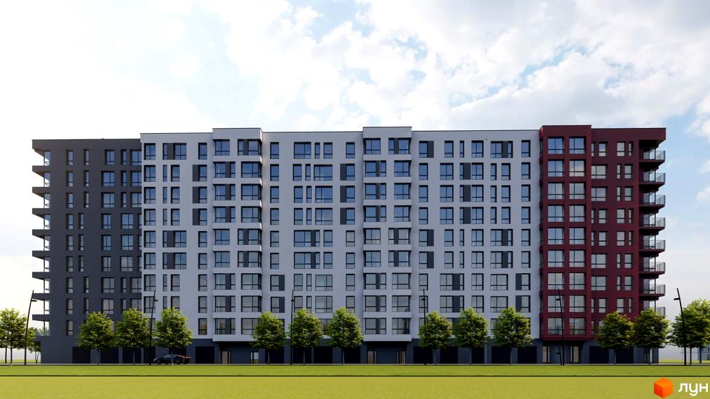 Зовнішній вигляд житлового комплексу Паркове містечко (7 черга) з фасадами сірого та бордового кольорів, вікнами правильної форми та балконами. Прибудинкова територія з деревами та газоном.