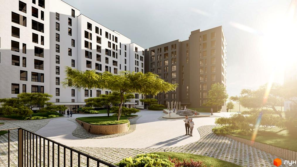 Новобудова ЖК Паркове містечко (7 черга) з білими та сірими фасадами, великою кількістю вікон та зеленою прибудинковою територією з деревами та зонами відпочинку.