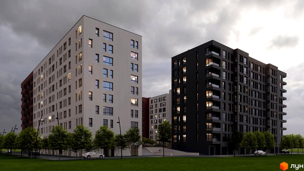 Зовнішній вигляд новобудови ЖК Паркове містечко (7 черга) з темними та світлими фасадами, балконами та вікнами, на тлі хмарного неба. На прибудинковій території ростуть дерева та стоять автомобілі.