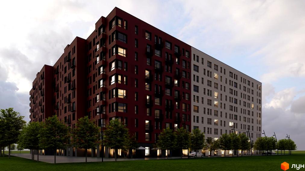Зовнішній вигляд житлового комплексу Паркове містечко (7 черга) з червоною та білою фасадною частиною, вікнами та балконами, на тлі хмарного неба. Навколо комплексу зелена трава та дерева.