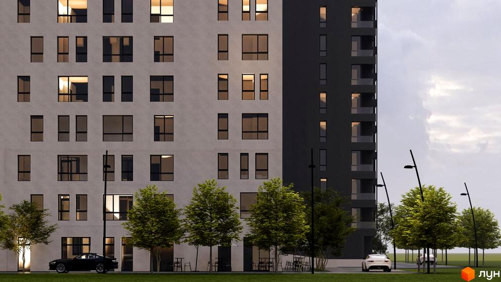 Зовнішній вигляд новобудови ЖК Паркове містечко (7 черга) з вікнами та балконами, прибудинкова територія з деревами та автомобілями.