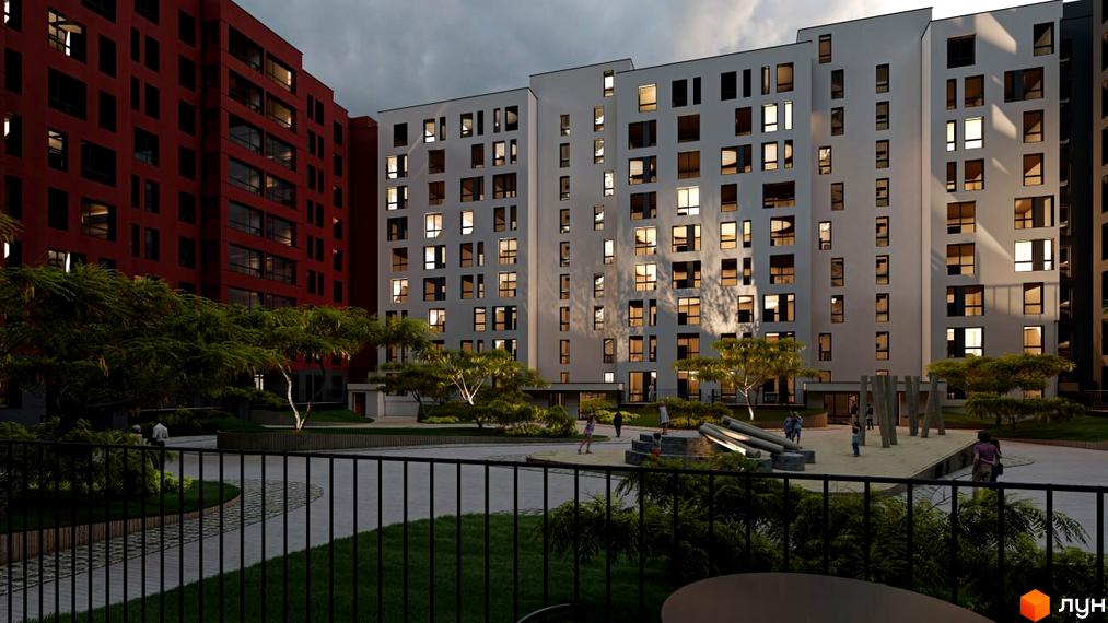 Житловий комплекс Паркове містечко (7 черга) з білими та червоними фасадами, вікнами з підсвіткою та зеленою прибудинковою територією з дитячим майданчиком.