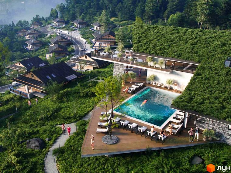 Котеджне містечко КМ GORA з басейном та зеленими терасами, розташоване на схилі гори серед лісу.