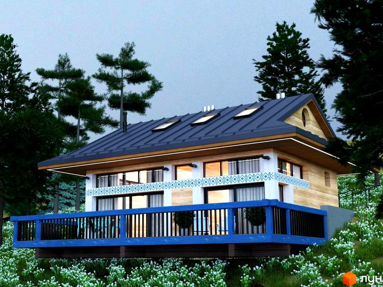 Котеджне містечко КМ GORA: двоповерховий будинок з дерев'яним фасадом, великими вікнами та синім балконом, оточений зеленню та квітами.