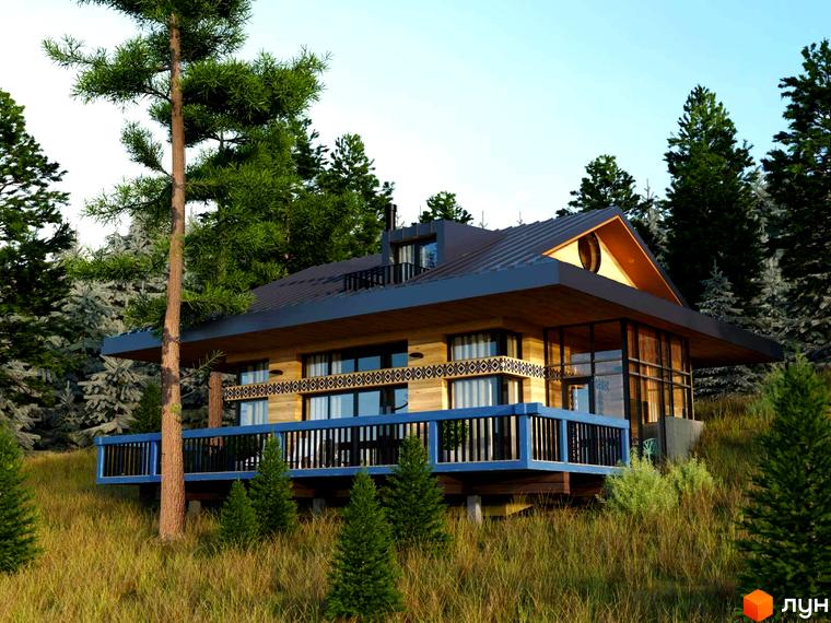 Котеджне містечко КМ GORA: дерев'яний будинок з великими вікнами та терасою, оточений соснами та травою.