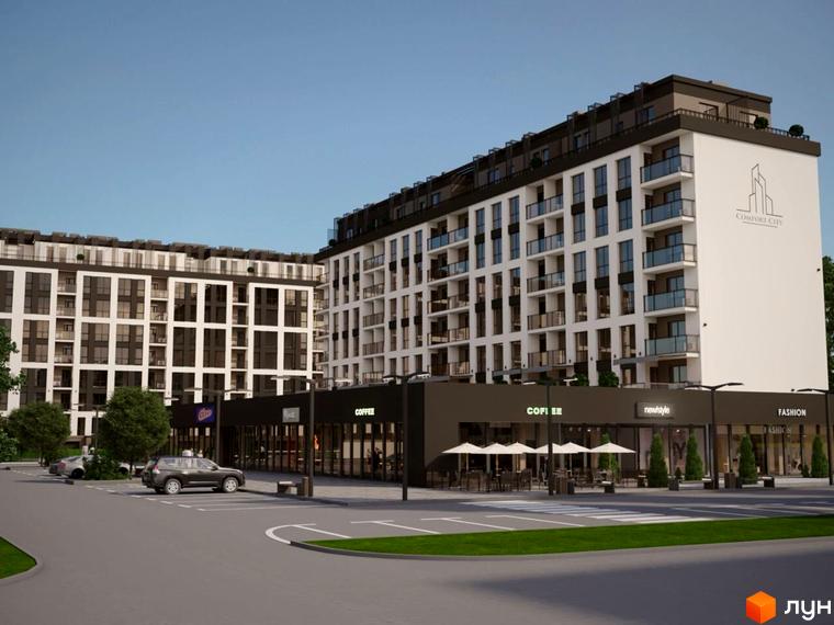Житловий комплекс Comfort City з білими фасадами, темними вікнами та балконами. На першому поверсі комерційні приміщення з терасами та парковкою.