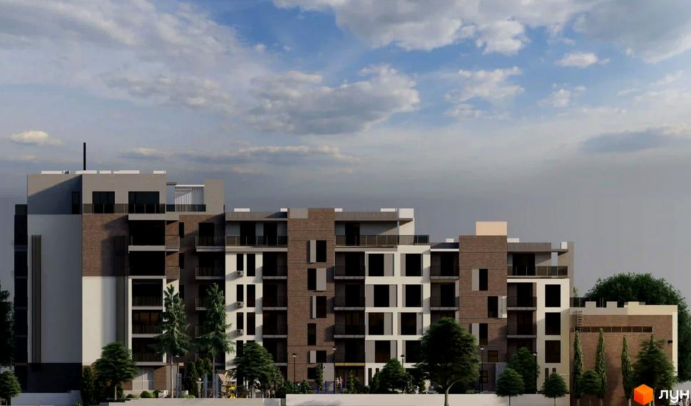 Житловий комплекс Французький двір - фасади будівель з цегляним оздобленням та великими вікнами. Прибудинкова територія з деревами та дитячим майданчиком.