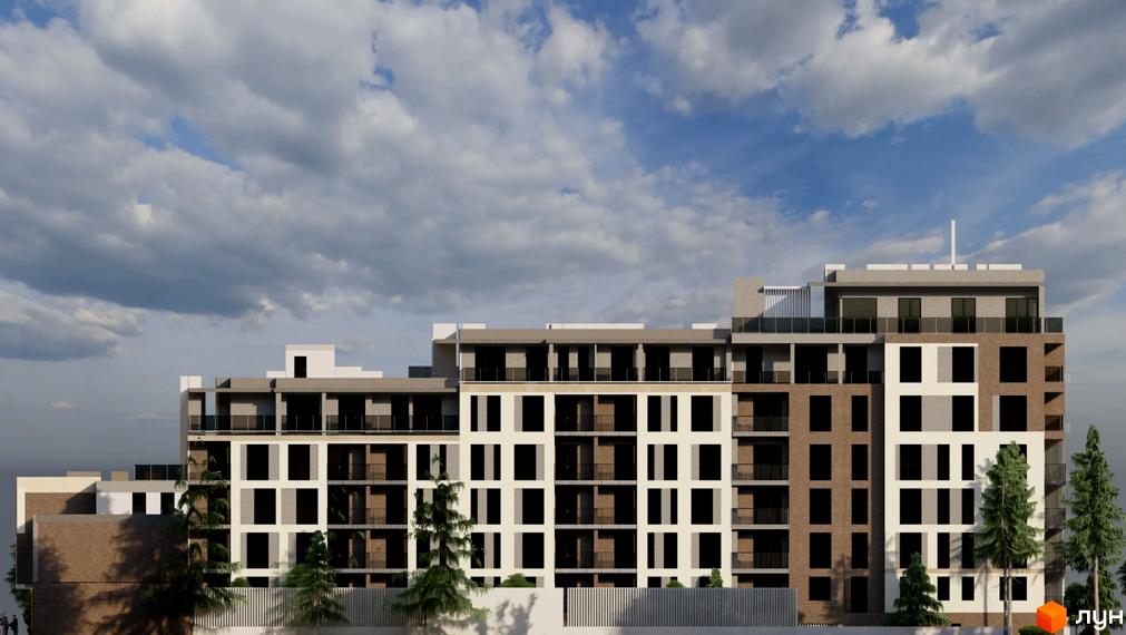 Зображення фасаду та прибудинкової території Житлового комплексу Французький двір. Багатоповерхова будівля з великими вікнами.