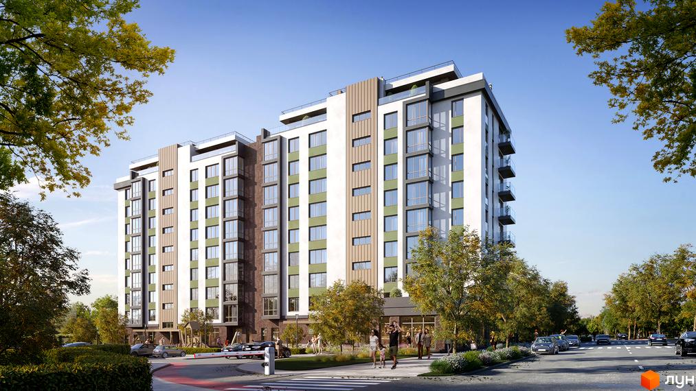 Житловий комплекс Паркова Долина: багатоповерхова будівля з білими, зеленими та коричневими фасадами. Навколо розташовані дерева, дорога та пішохідна зона.