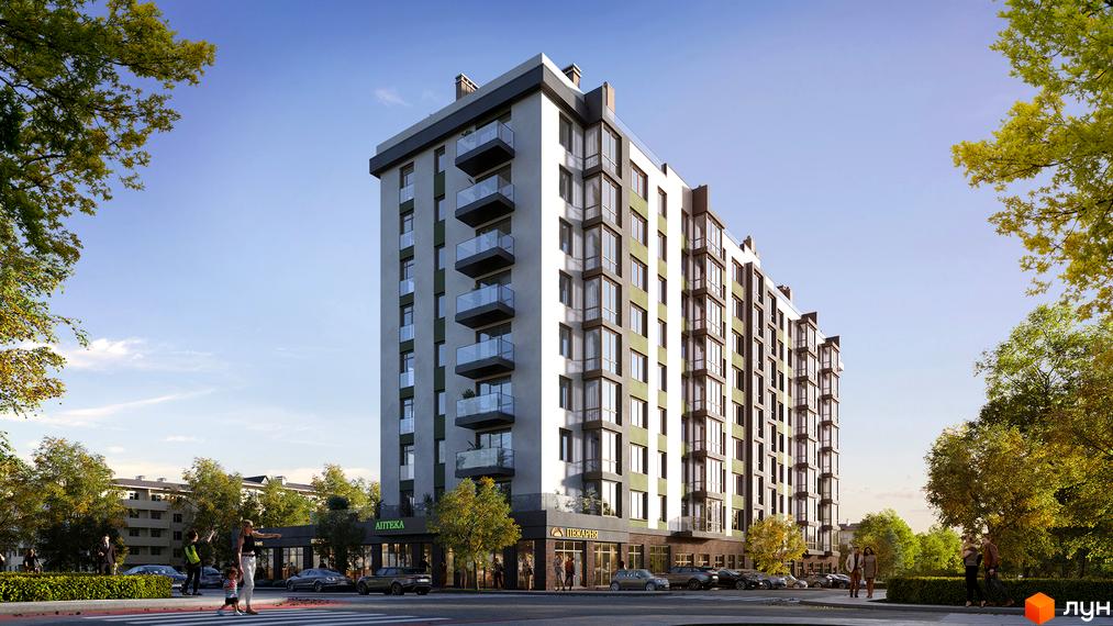 Житловий комплекс Паркова Долина: багатоповерховий будинок зі світлим фасадом, балконами та комерційними приміщеннями на першому поверсі. Навколо будинку зелені дерева та пішохідна зона.