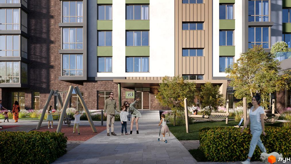 Житловий комплекс Паркова Долина: багатоповерховий будинок з фасадом у цегляних, білих та оливкових тонах, з доглянутою прибудинковою територією та дитячим майданчиком.