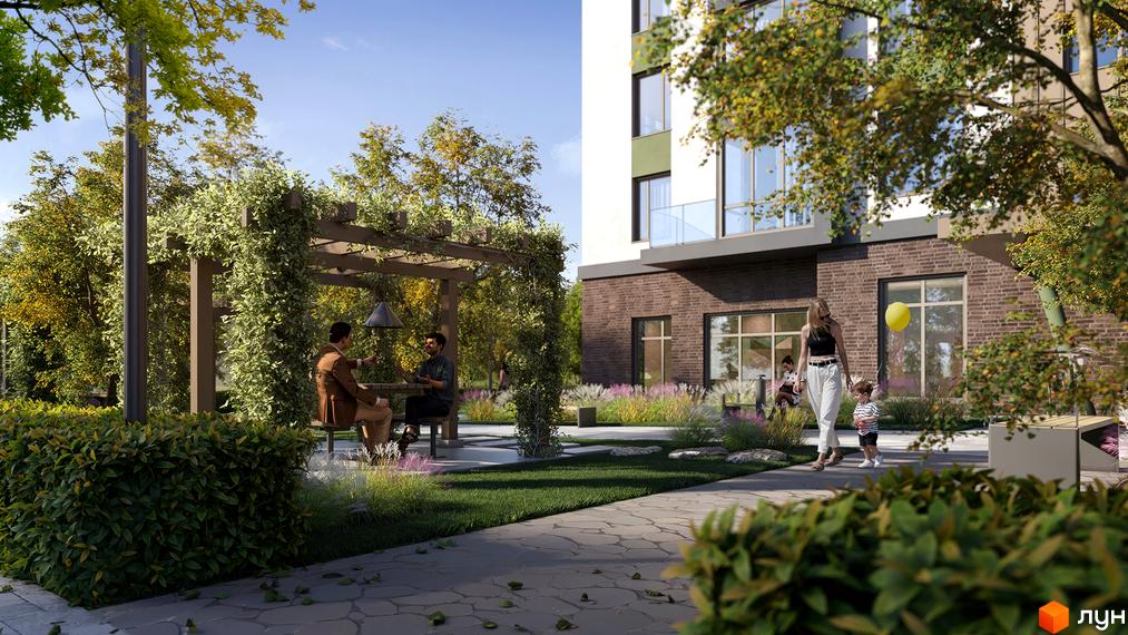 Житловий комплекс Паркова Долина з біло-цегляним фасадом та великими вікнами. Прибудинкова територія має зелені насадження, перголу та доріжки.