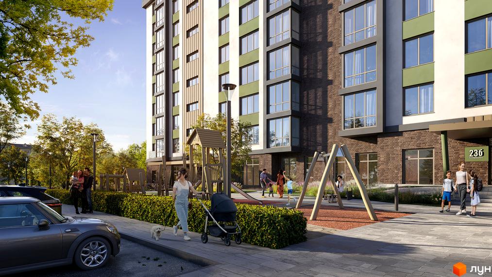 Багатоповерховий будинок Житлового комплексу Паркова Долина з фасадами світлого, темно-сірого та оливкового кольорів. На прибудинковій території розташований дитячий майданчик та зелені насадження.