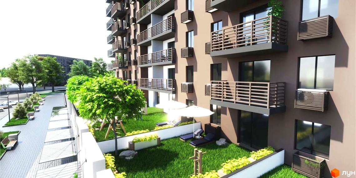 Житловий комплекс Європейський має багатоповерхові будинки з балконами та кондиціонерами, а також зелену прибудинкову територію з парасольками та лежаками.