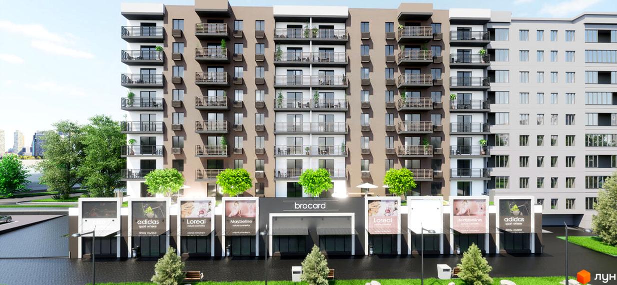 Зовнішній вигляд житлового комплексу Європейський з фасадами та балконами, прибудинкова територія з деревами та магазинами.