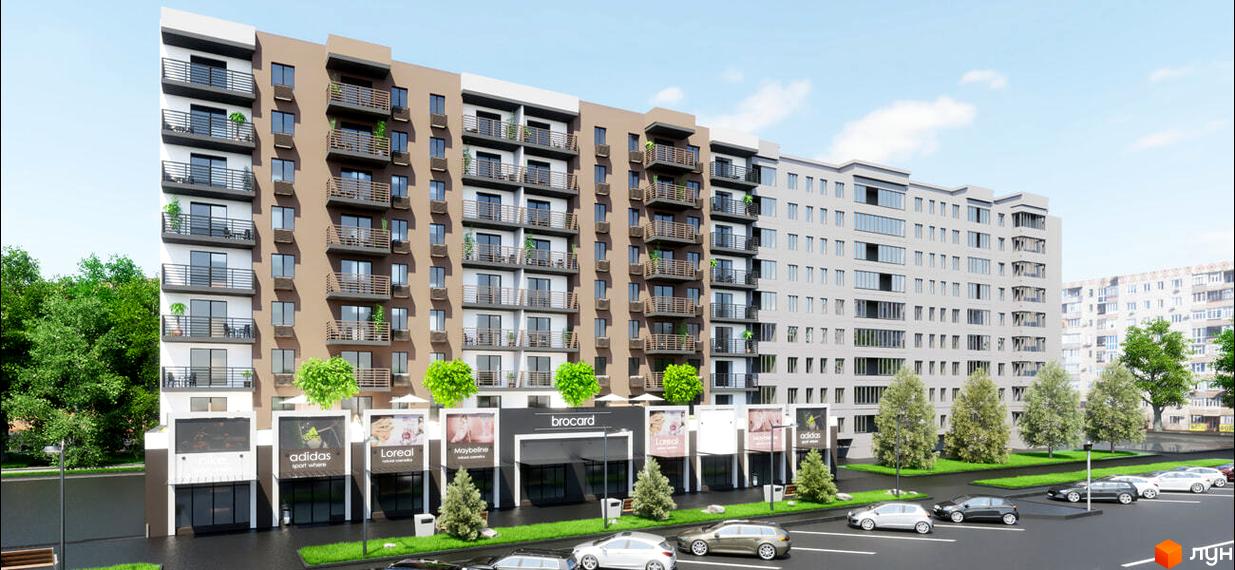 Фасад житлового комплексу Європейський з балконами та магазинами на першому поверсі. Прибудинкова територія з деревами та автомобілями.