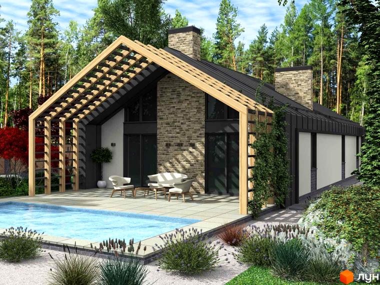 Котеджне містечко Vita House 2: будинок з темним дахом, цегляним фасадом та дерев'яною перголою. Поруч басейн та зелена територія.