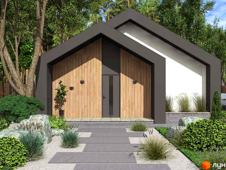 Котеджне містечко КМ Vita House 2: фасад будинку з дерев'яною обшивкою та сірим дахом, доріжка з плитки та зелені насадження навколо.