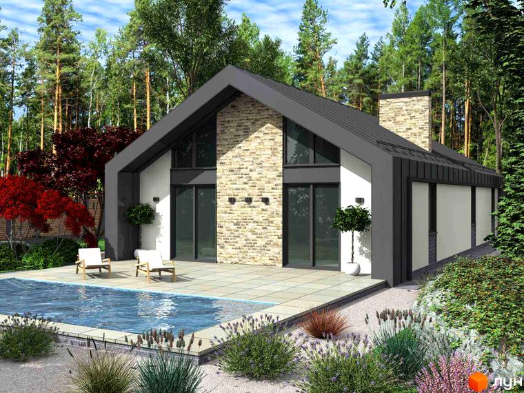 Будинок КМ Vita House 2 з темно-сірим дахом, світлим цегляним фасадом та панорамними вікнами. Перед будинком розташовані басейн, вимощена тераса та доглянутий сад.