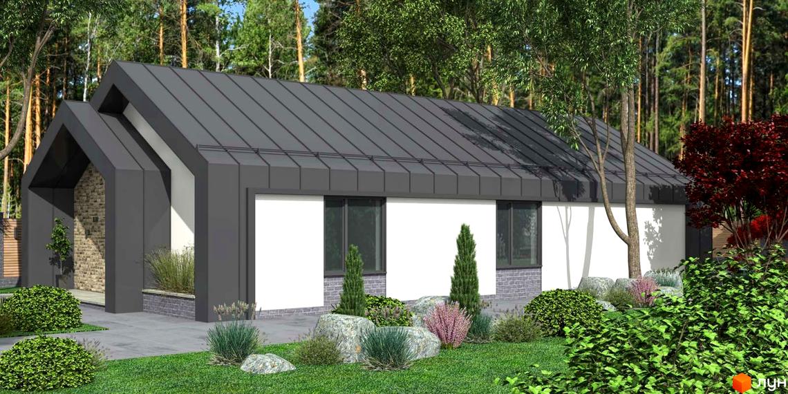 Будинок Котеджного містечка Vita House 2 з темно-сірим дахом, білими стінами та темними вікнами. Прибудинкова територія з доглянутим газоном, декоративними кущами та камінням.