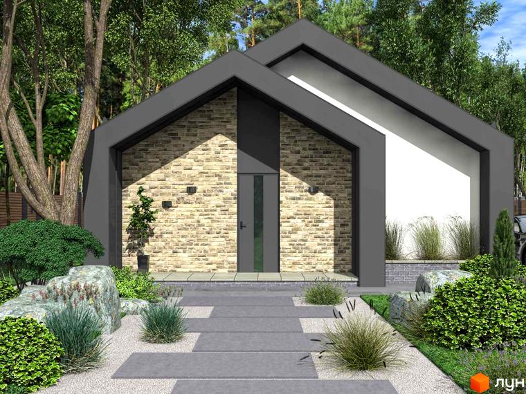 Фасад будинку Котеджного містечка Vita House 2 з цегли та темним дахом. Доріжка з плит, гравій та зелені насадження на прибудинковій території.