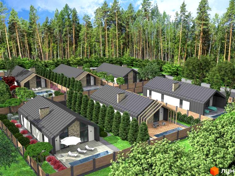 Будинки Котеджного містечка Vita House 2 мають сірі дахи та світлі фасади з елементами кам'яної обробки. Навколо доглянуті газони, зелені насадження та приватні тераси з басейнами.