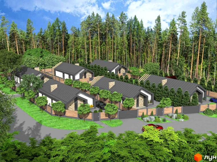 Котеджне містечко Vita House 2: будинки з темними дахами, білими фасадами та кам'яними вставками. Територія має доріжки, огорожі та багато зелені.