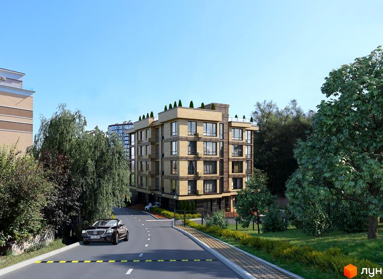 Житловий комплекс Park House Deluxe зі світлим фасадом, великими вікнами та зеленими насадженнями на даху. Прибудинкова територія має дорогу, тротуар та багато дерев.