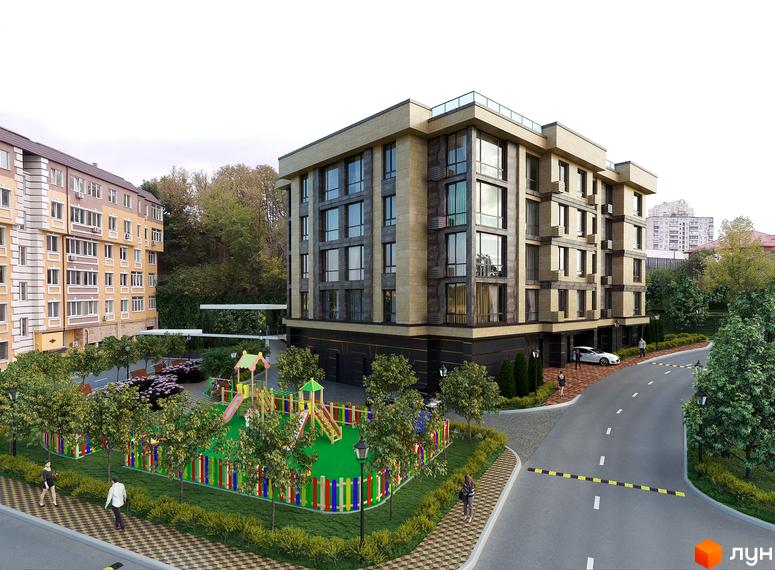 Житловий комплекс Park House Deluxe з багатоповерховим фасадом світлих та темних тонів. Прибудинкова територія має дитячий майданчик та зелені зони.