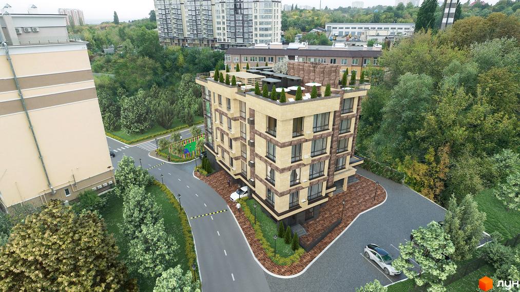 Житловий комплекс Park House Deluxe з бежевим фасадом, великими вікнами та терасою на даху. Навколо будинку є дорога, паркінг та дитячий майданчик серед зелені.