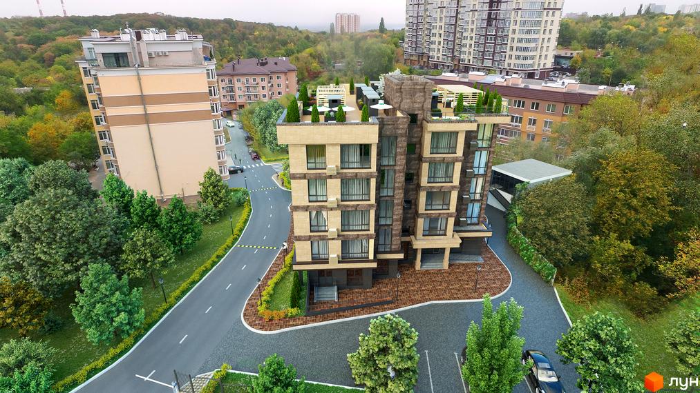 Житловий комплекс Park House Deluxe з багатоповерховим будинком світлих відтінків та великими вікнами. Навколо комплексу розташовані зелені насадження, дерева та доріжки.