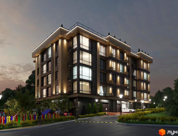 Житловий комплекс Park House Deluxe з освітленим фасадом та великими вікнами. Прилегла територія включає дорогу, зелені насадження та дитячий майданчик.